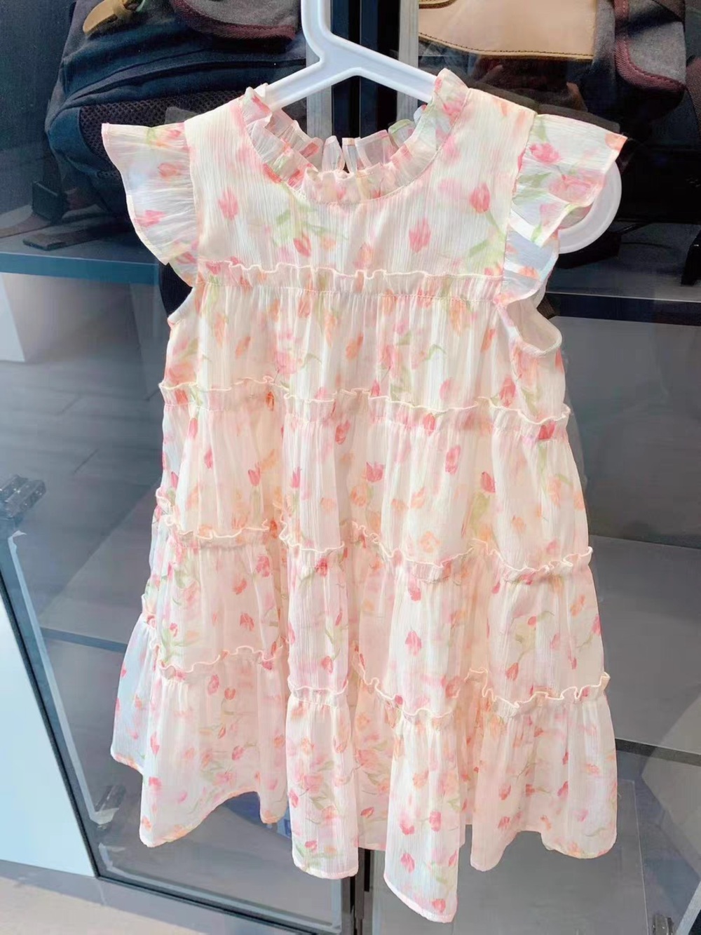 Girls' Floral Tiered Chiffon Dress - Pink 6-7 - Picture 6 of 12